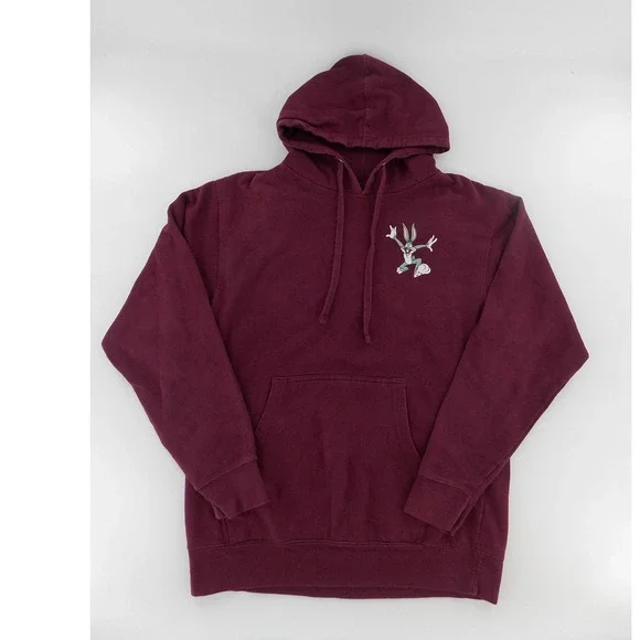 Looney Tunes Graphic Hoodie Unisex M Burgundy Good Bugs Bunny Taz 90s Style - Picture 2 of 4